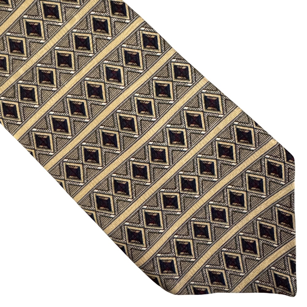Elizabeth Nell‎ Mens Silk Tie Geometric Diamond Stripe Gold Navy Tan Made in USA